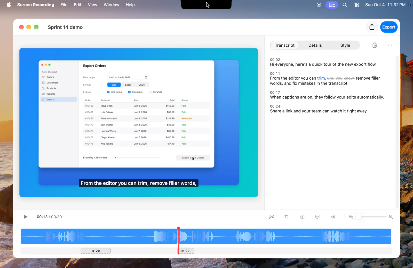 The Screen Recording editor on a Mac, with the recording on a blue gradient background, a caption on the video, the filler words struck from the transcript, and the cut and two automatic zooms in the timeline